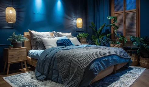 Chambre bleu nuit : idées déco pour une atmosphère cosy et zen avec des touches modernes et naturelles